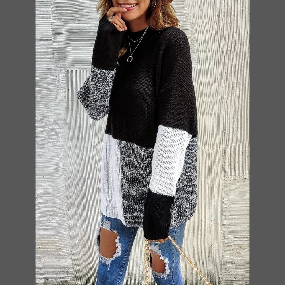 Long Sleeve Colorblock Knit Pullover Sweater Black, Gray, White - Picture 4 of 12